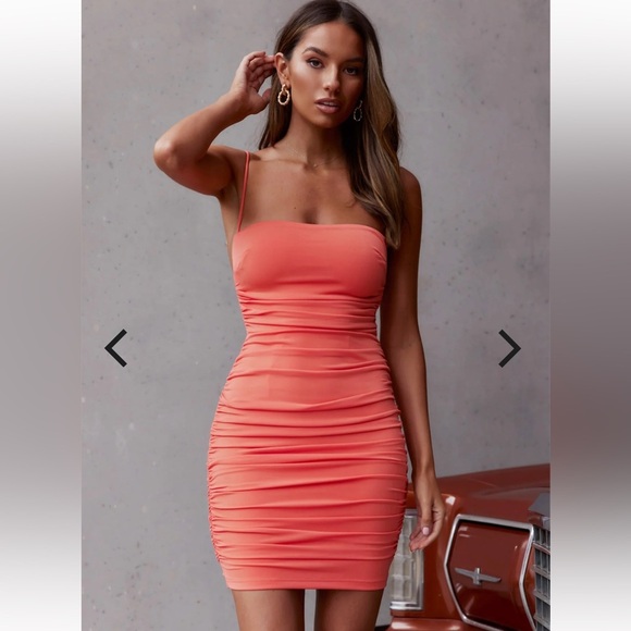 Selfie Leslie Shea Square Neckline Ruched Mini Dress Orange Medium US 6 - Picture 1 of 8